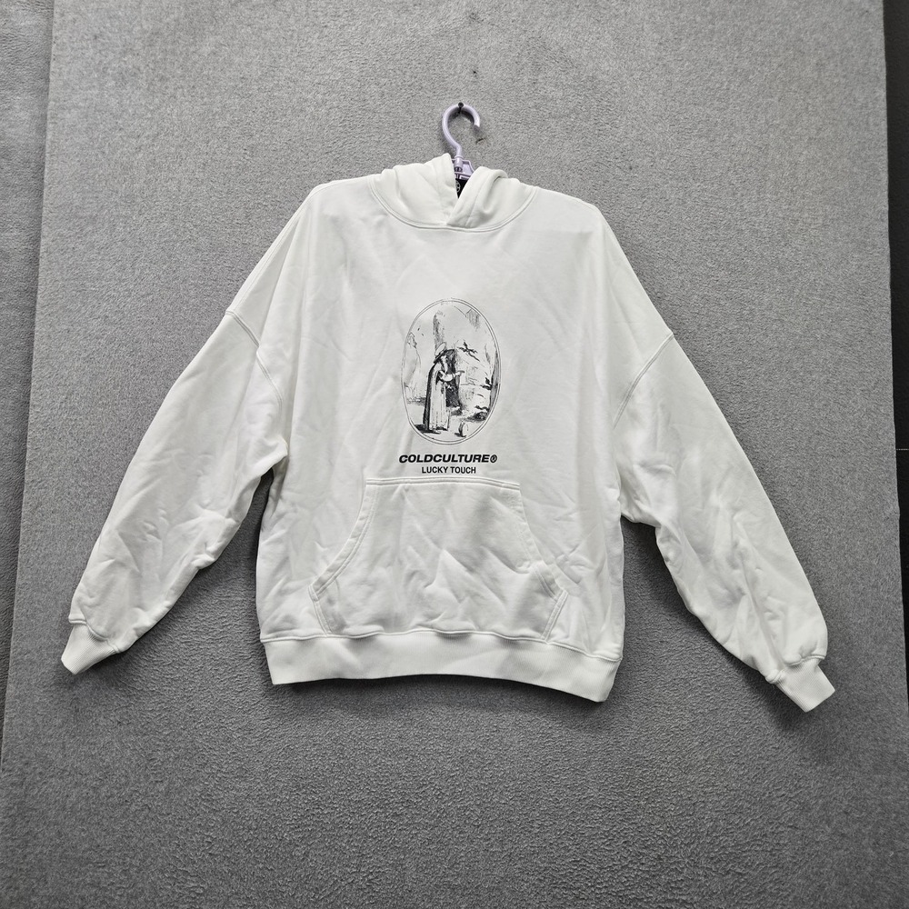 Cold Culture Men Hoodie M White Lucky Touch Logo Graphic Streetwear Pullover